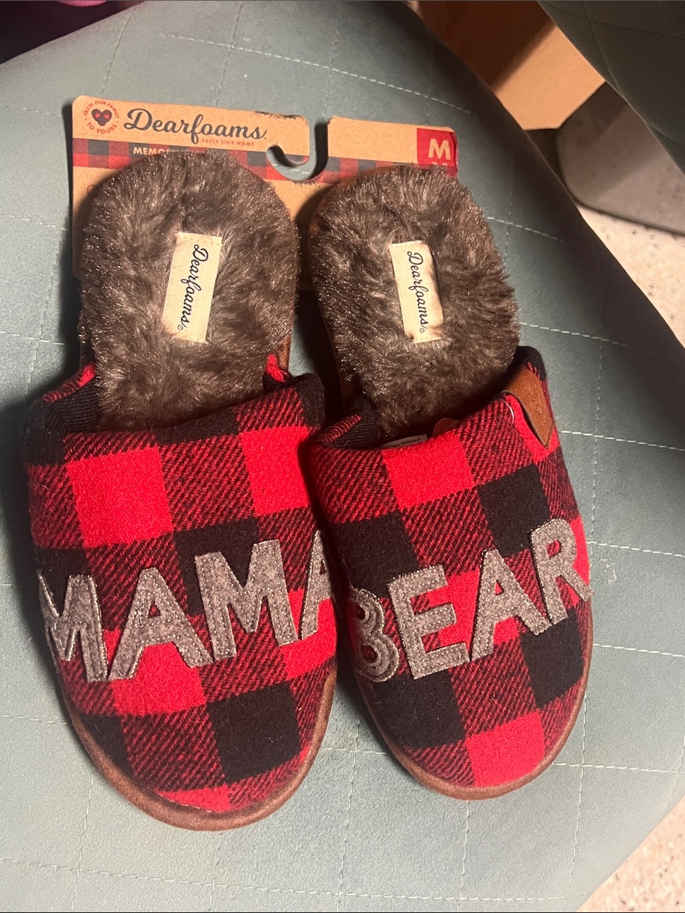 dearfoams Red and Black Buffalo Plaid Kids 'MAMA BEAR' Slippers
